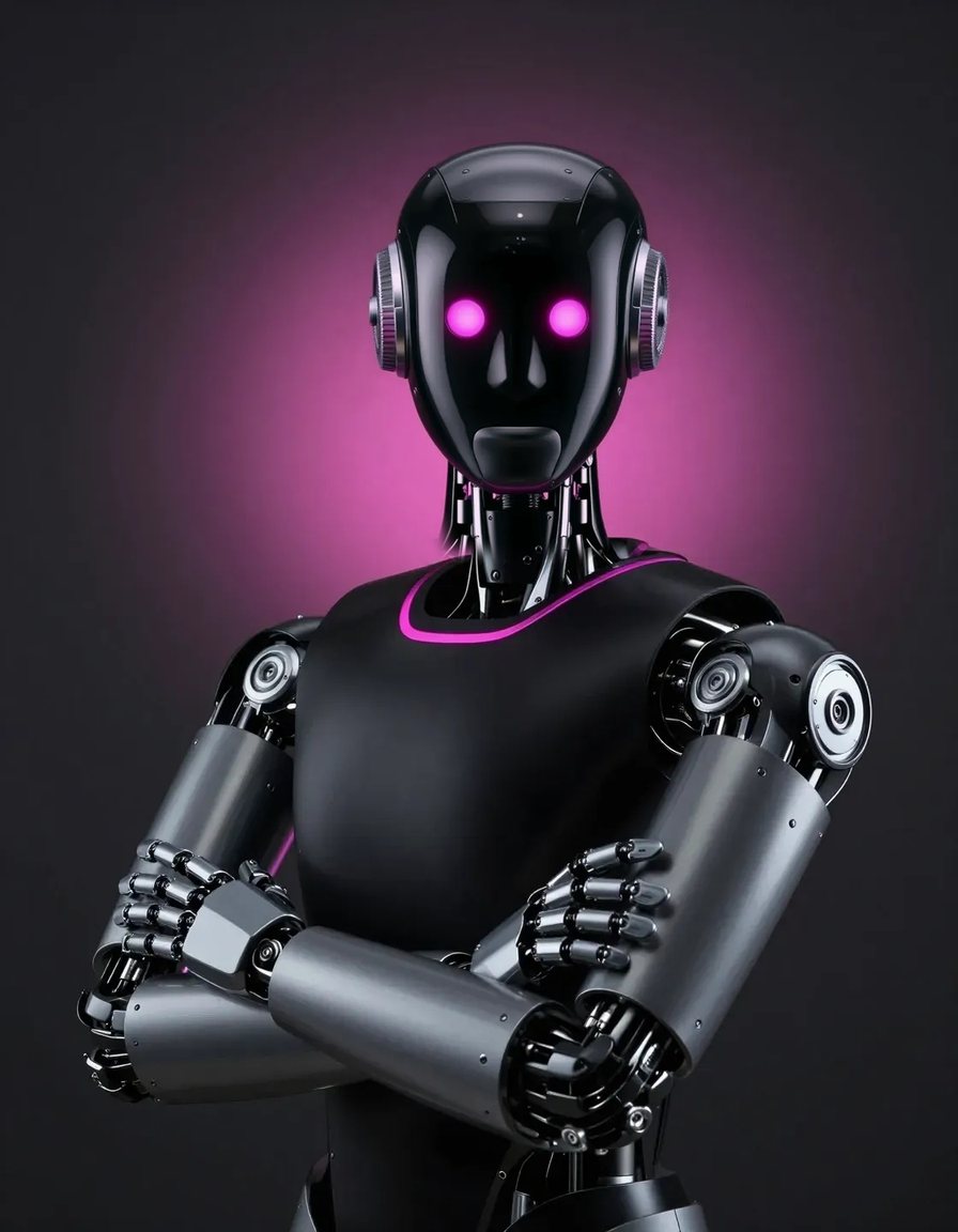A humanoid robot with its arms crossed, looking at the camera